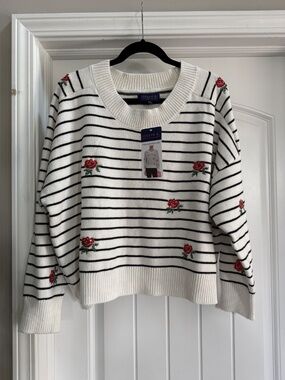 Joseph A Striped Embroidered Sweater Floral Cotton Blend White Black Sz XXL NWT